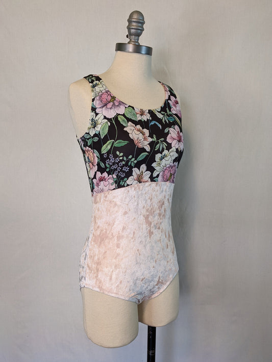 Pink Crushed Velvet Lily Floral Print Open Back Tank Leotard