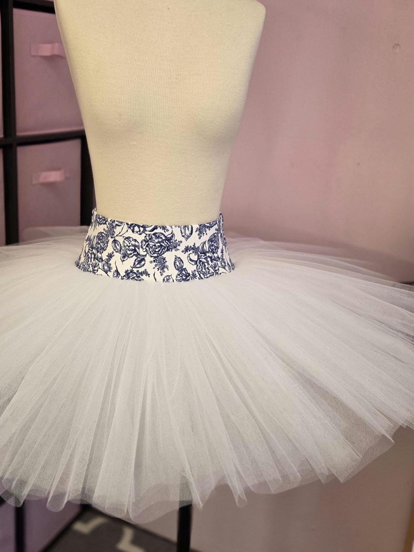 Pull On Rehearsal Tutu, White and Navy Rose