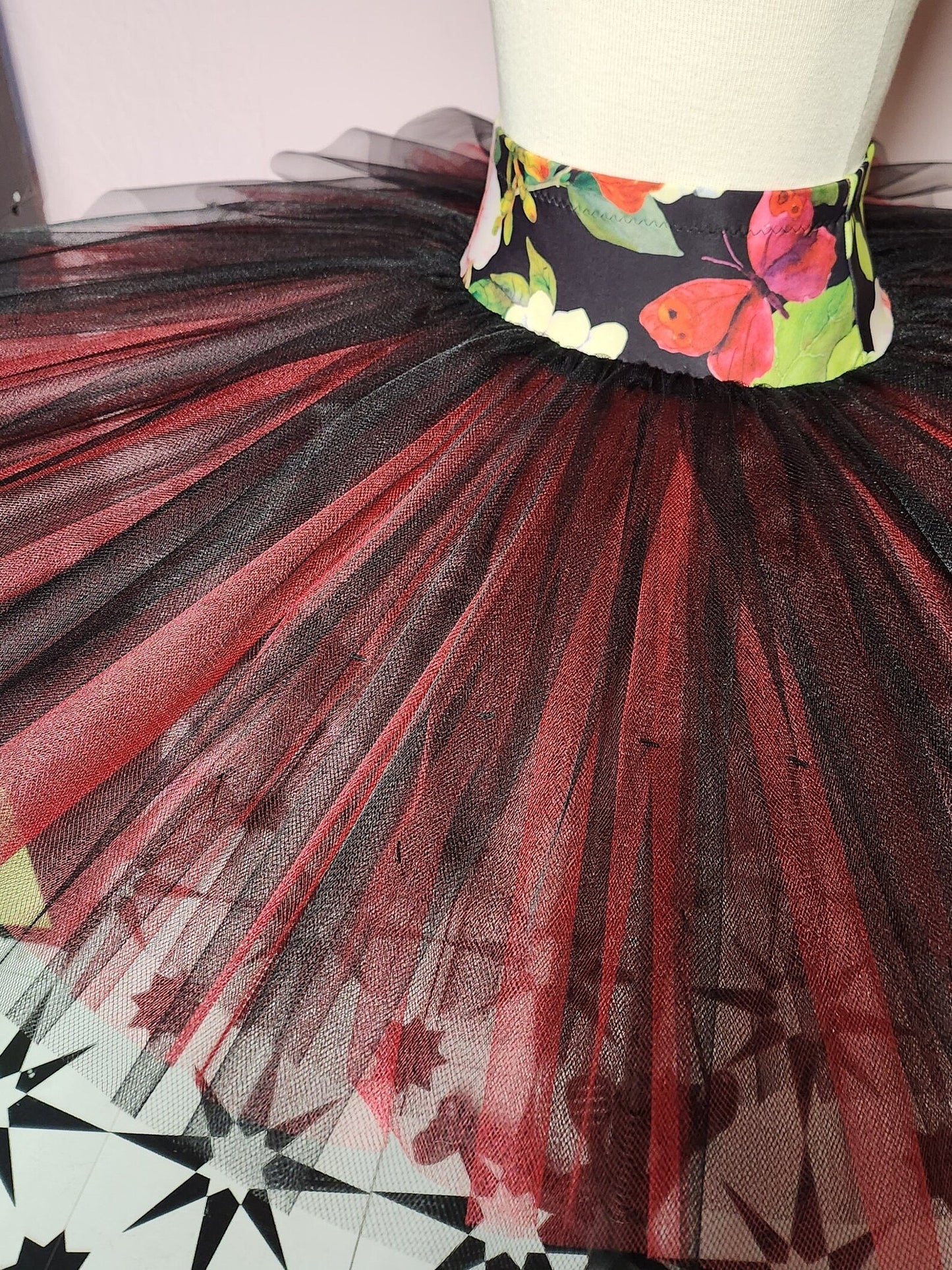 Pull On Rehearsal Tutu, Black and Red Butterfly