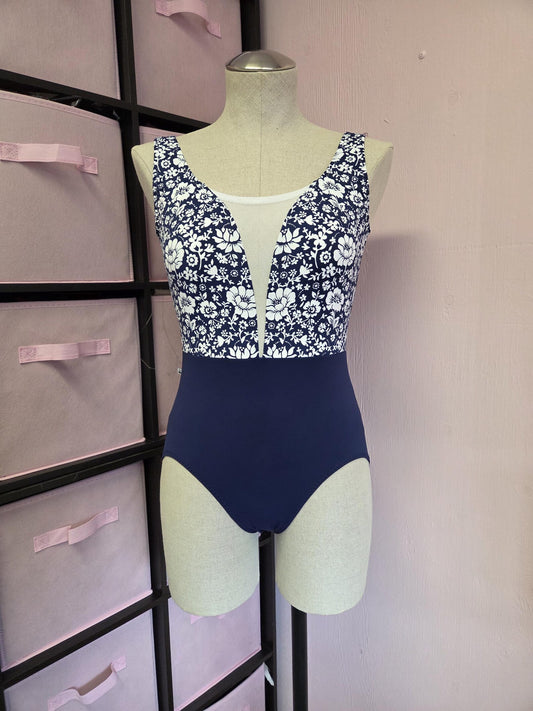 Navy Floral V Neck Tank Leotard