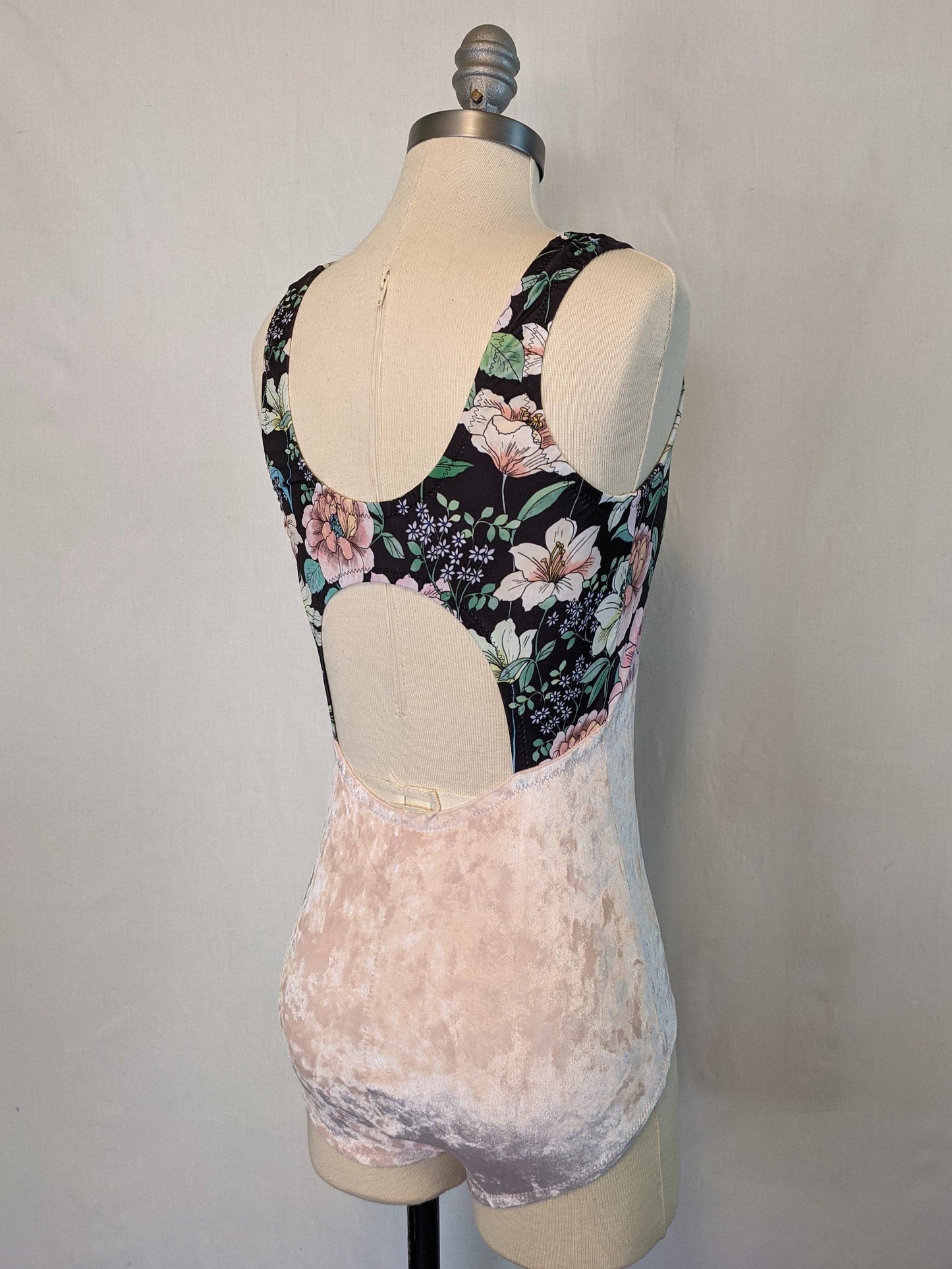 Pink Crushed Velvet Lily Floral Print Open Back Tank Leotard