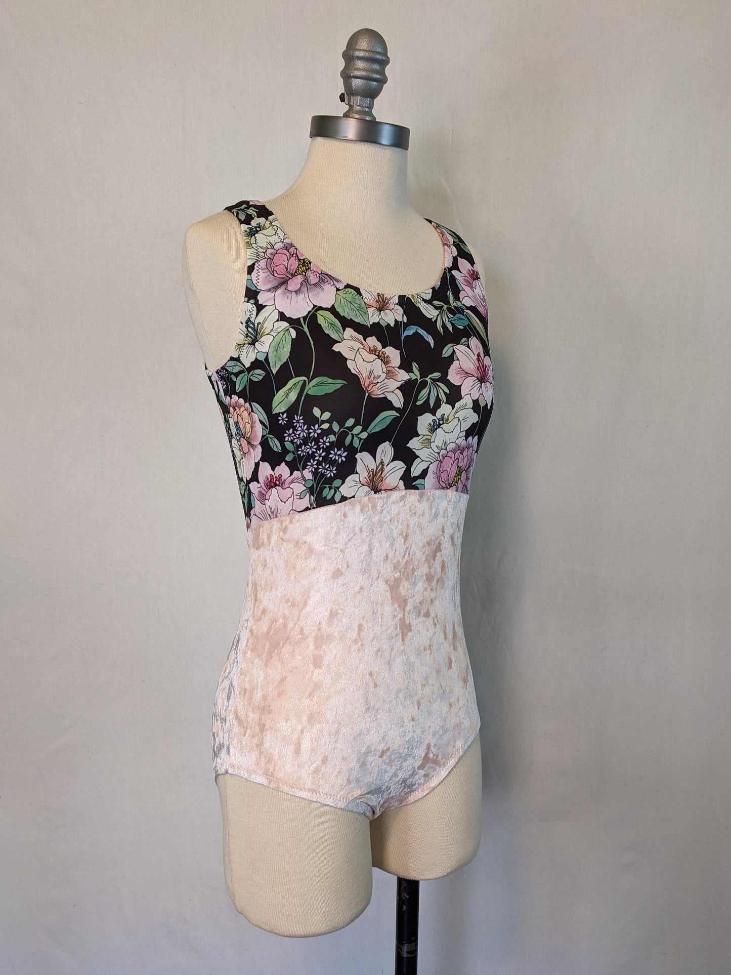 Pink Crushed Velvet Lily Floral Print Open Back Tank Leotard