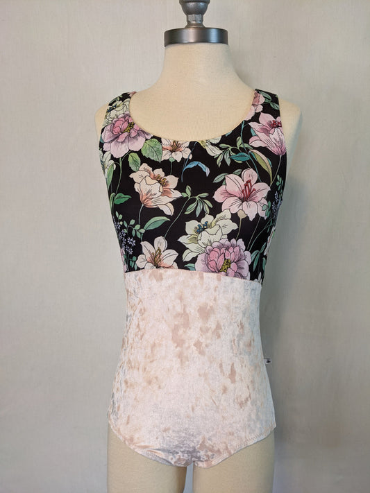Pink Crushed Velvet Lily Floral Print Open Back Tank Leotard