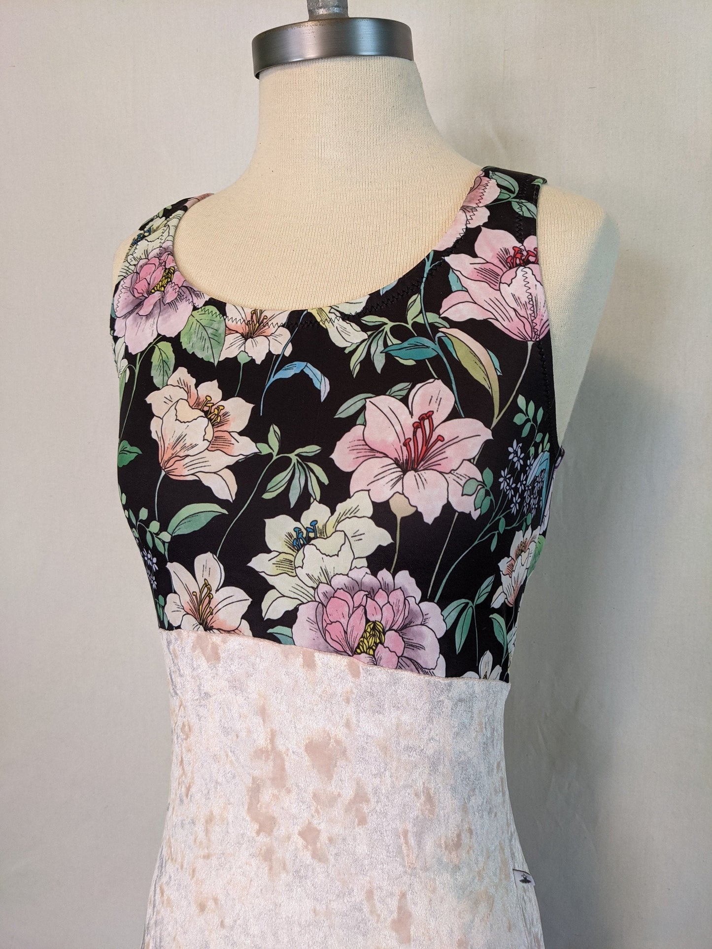 Pink Crushed Velvet Lily Floral Print Open Back Tank Leotard
