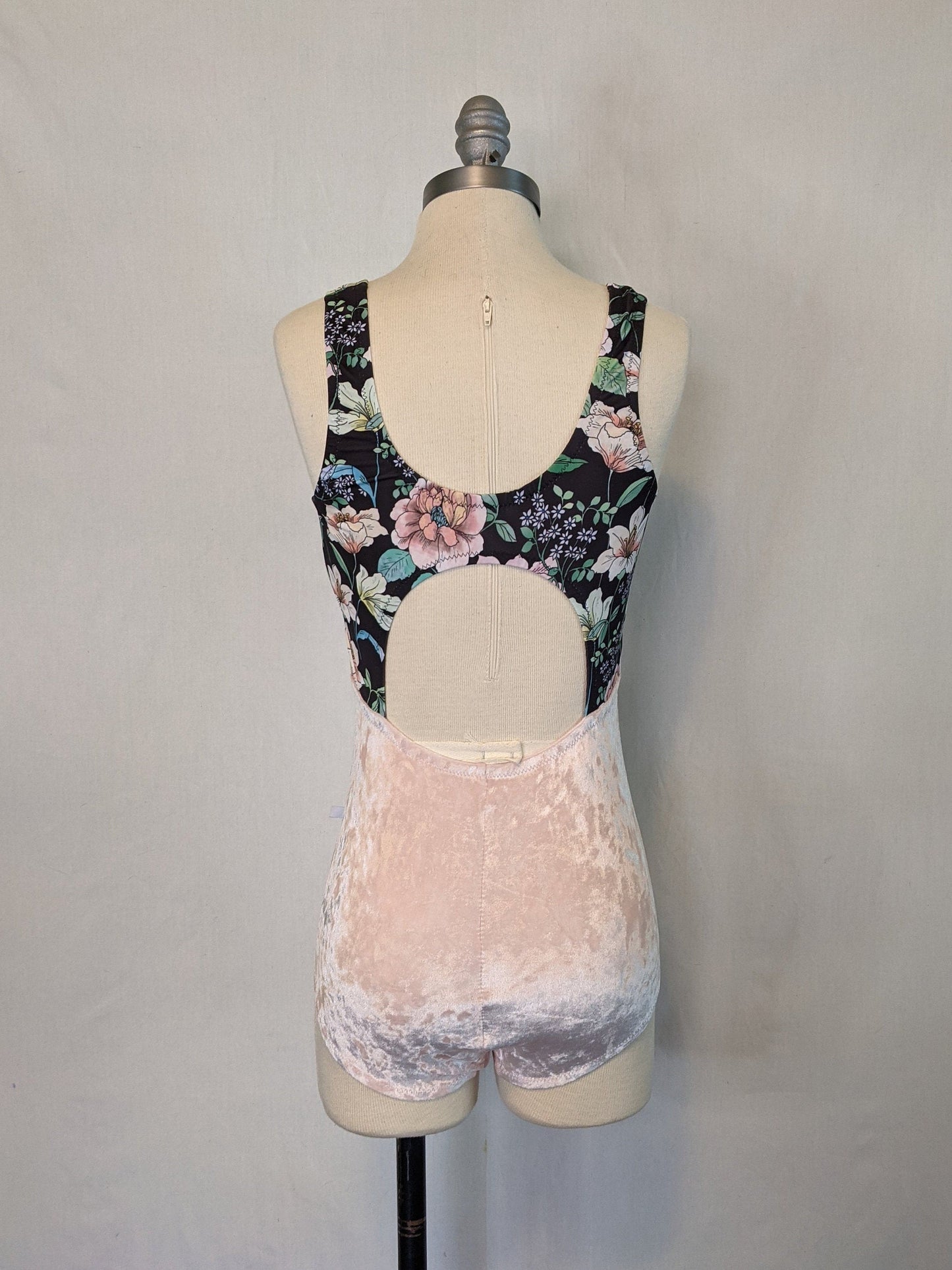 Pink Crushed Velvet Lily Floral Print Open Back Tank Leotard