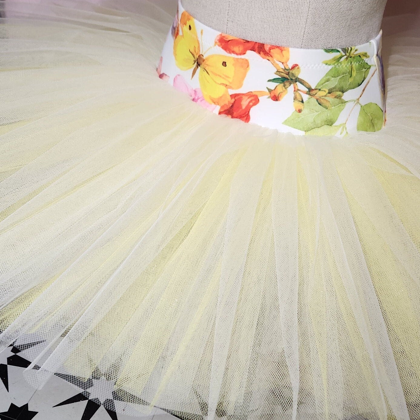 Pull On Rehearsal Tutu, Yellow and White, Orchid Butterfly Print