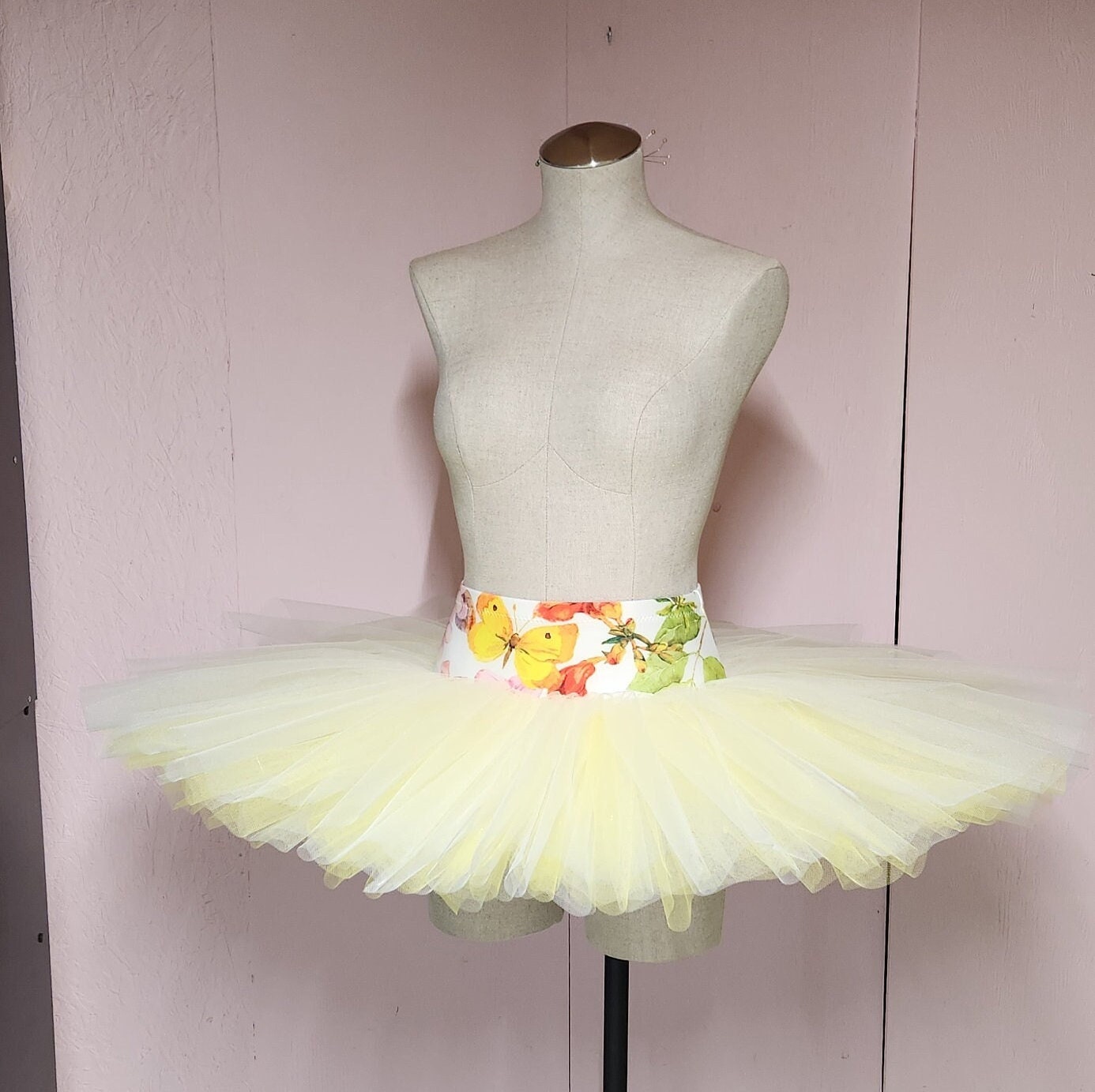 Pull On Rehearsal Tutu, Yellow and White, Orchid Butterfly Print