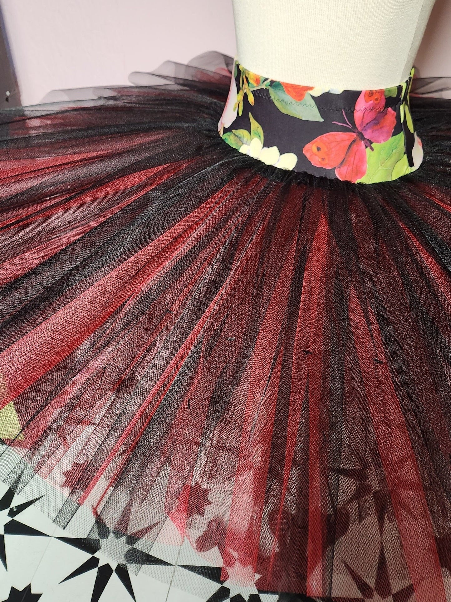 Pull On Professional Rehearsal Tutu, Black and Red Butterfly