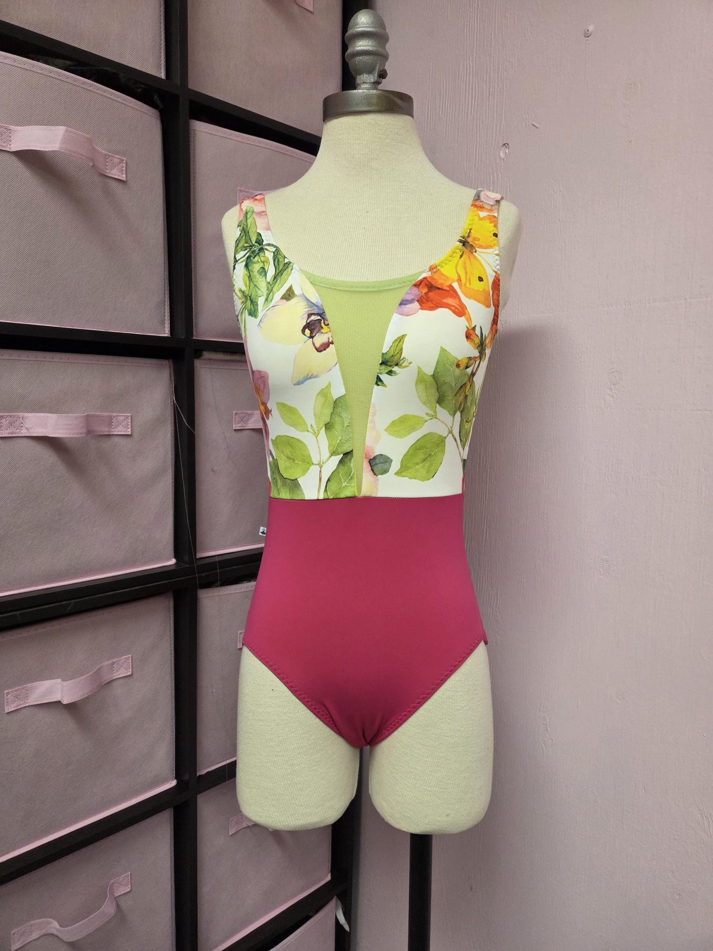 Magenta Floral V Neck Tank Leotard