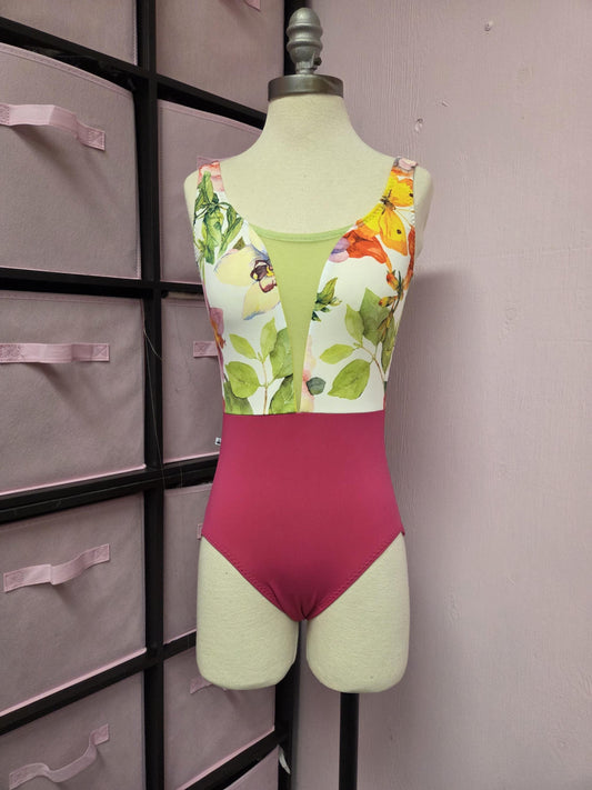 Magenta Floral V Neck Tank Leotard
