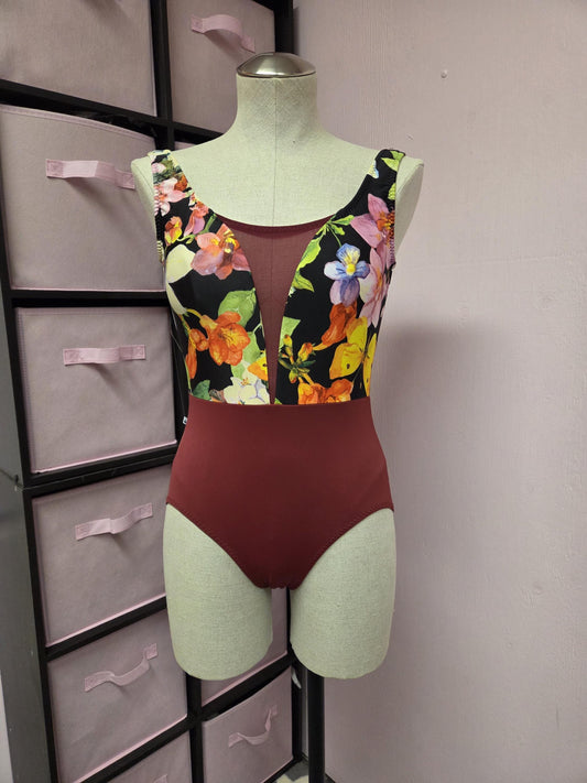 Wine Floral V Neck Tank Leotard