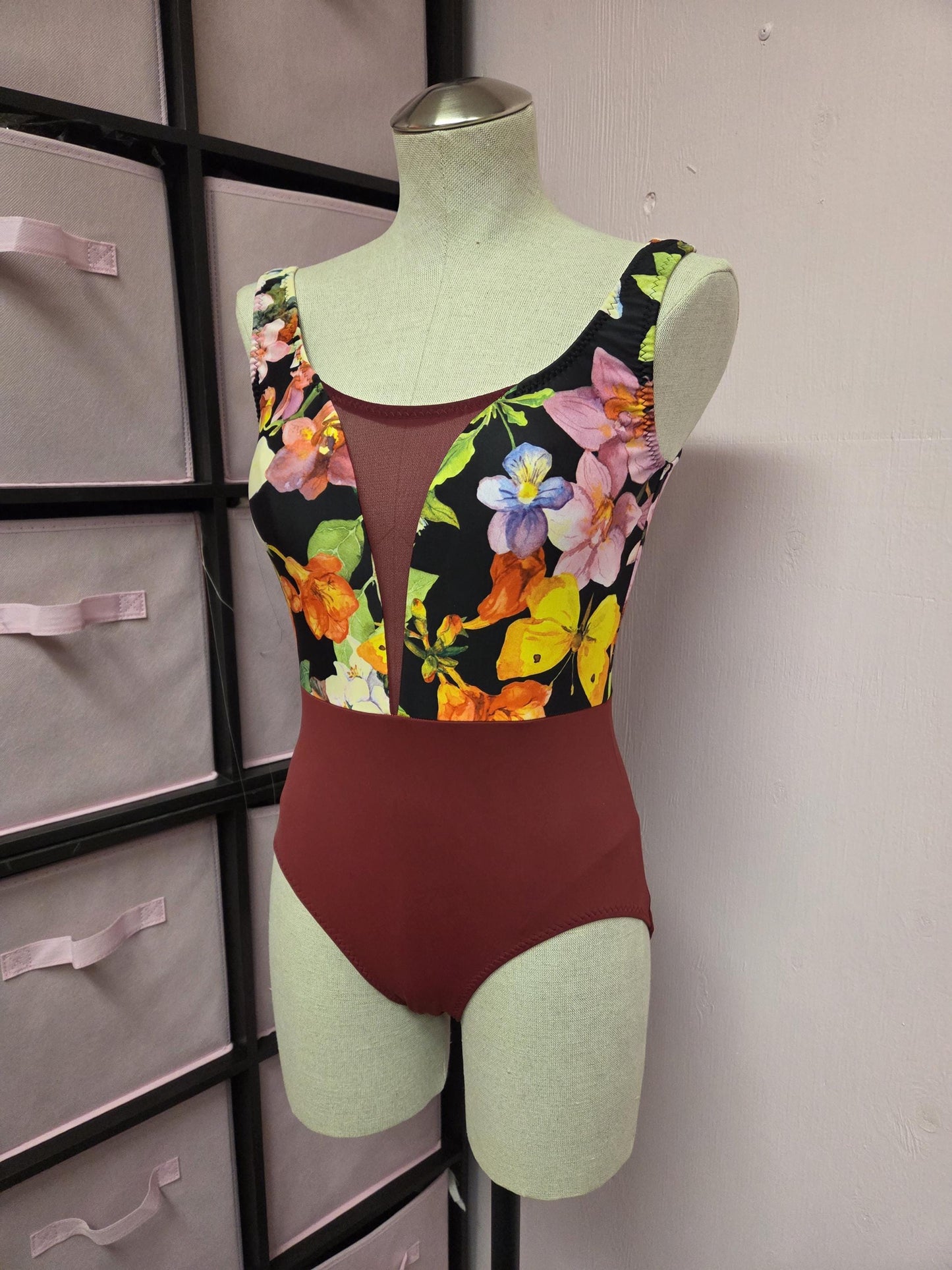 Wine Floral V Neck Tank Leotard